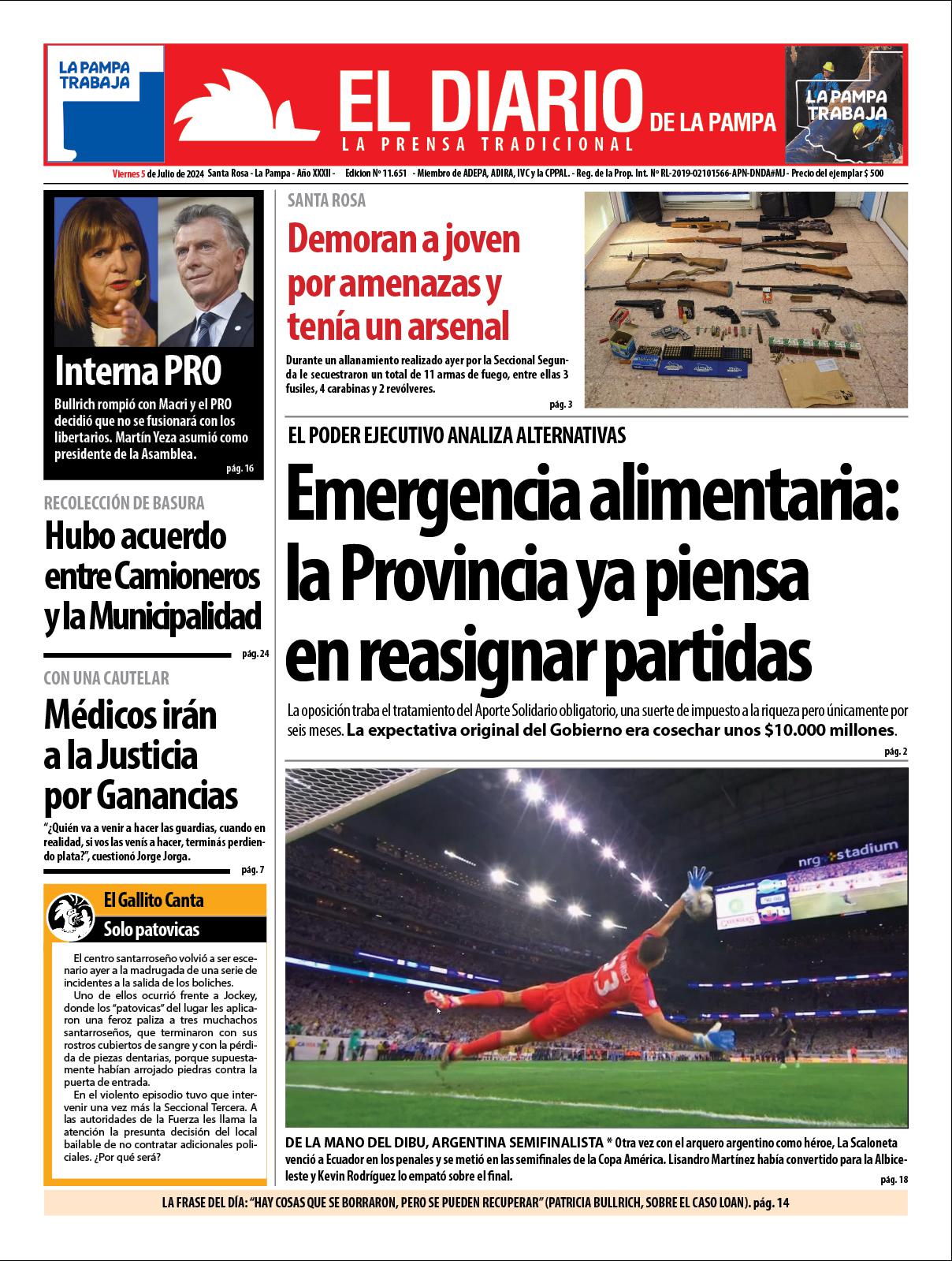 Tapa de El Diario en papel  viernes 05 de julio de 2024